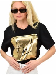γυναικείο t-shirt με τύπωμα και στρας μαύρο 14971