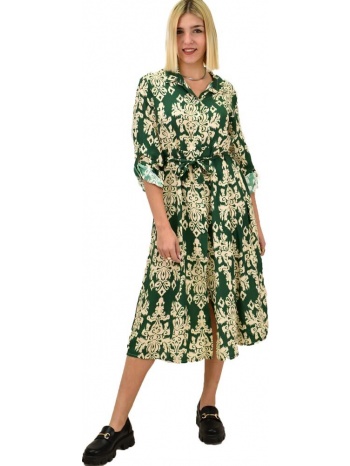 γυναικείο φόρεμα εμπριμέ με γιακά πράσινο 18359