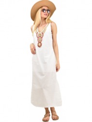 λινό φόρεμα με μοτίφ κεντημένο από διακοσμητικές πέτρες λευκό 11325