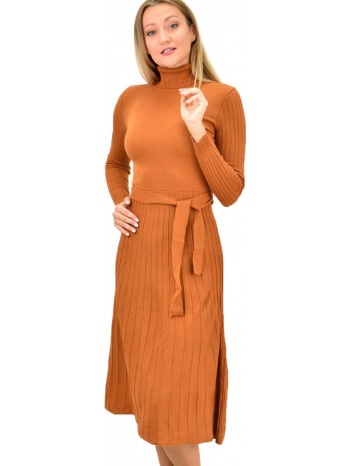 πλεκτό φόρεμα midi με πλισέ σχέδιο κανελί 9143