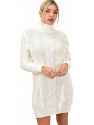 γυναικείο πλεκτό φόρεμα με σχέδιο πλεξούδα και κρόσια εκρού 8893