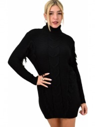 γυναικείο πλεκτό φόρεμα με σχέδιο πλεξούδα και κρόσια μαύρο 8905