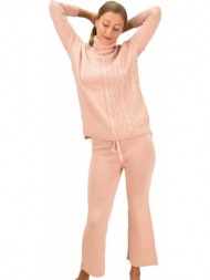 γυναικείο πλεκτό σετ με πλεξούδες απαλό ροζ 9125