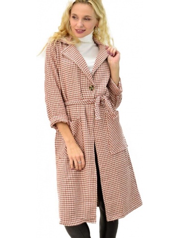 γυναικείο παλτό καρό με γιακά και ζώνη μπεζ 8848