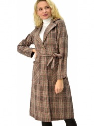γυναικείο παλτό καρό με γιακά και ζώνη καφέ 8846
