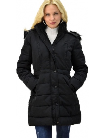 γυναικείο μπουφάν με γούνα στην κουκούλα μαύρο 9536