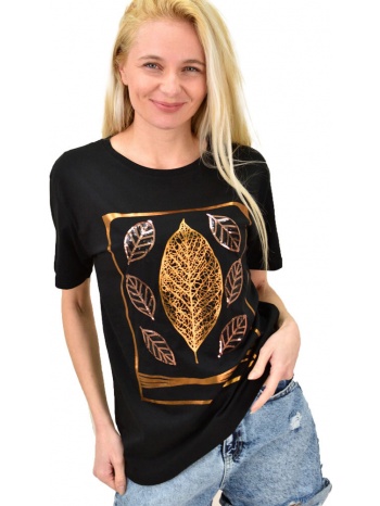γυναικείο t-shirt με στάμπα φύλλο μαύρο 14371