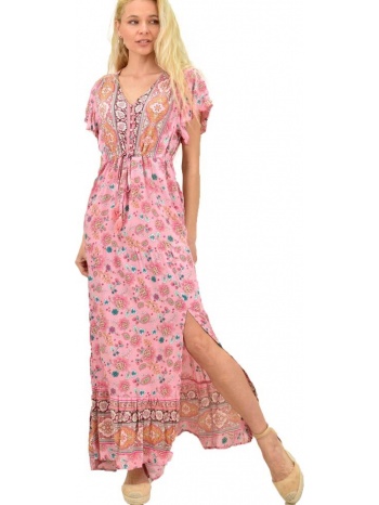 γυναικείο φόρεμα με άνοιγμα ροζ 14593