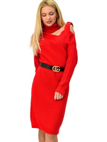 γυναικείο πλεκτό φόρεμα με άνοιγμα στον ώμο κόκκινο 5423