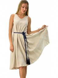 γυναικείο φόρεμα τύπου λινό με v λαιμόκοψη μπεζ 6483