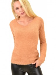 γυναικείο χνουδωτό πουλόβερ με v λαιμόκομψη μουσταρδί 13120