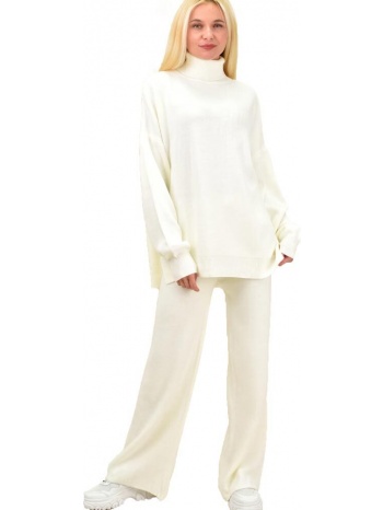 πλεκτό σετ μπλούζα με ζιβάγκο και παντελόνι λευκό 13489