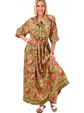 γυναικείο μεταξωτό boho φόρεμα με γιακά λαχανί 15694