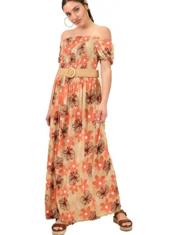 γυναικείο φόρεμα φλοράλ στράπλες πορτοκαλί 16044