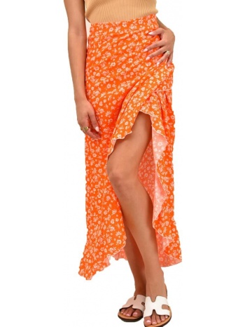 κρουαζέ φούστα φλοράλ με βολάν πορτοκαλί 16160