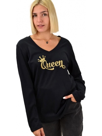 μακρυμάνικη βαμβακερή μπλούζα με τύπωμα queen μαύρο 18173