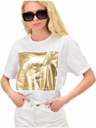 γυναικείο t-shirt με τύπωμα και στρας λευκό 14970