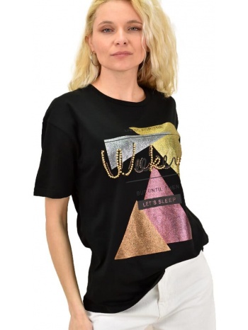 γυναικείο t-shirt με τύπωμα και στρας weekend μαύρο 14973