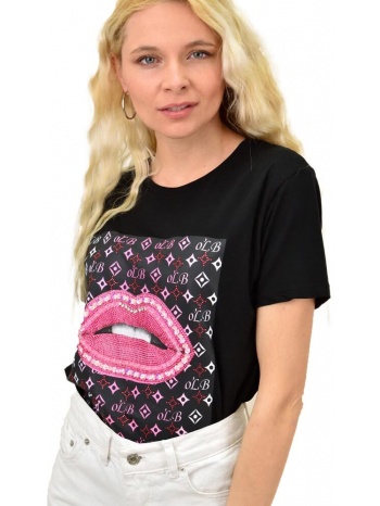 γυναικείο t-shirt με τύπωμα και στρας μαύρο 15003