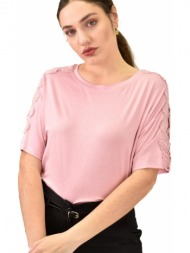 γυναικεία μπλούζα με δαντέλα στα μανίκια ροζ 15242