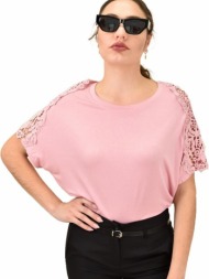 γυναικεία μπλούζα oversized με δαντέλα ροζ 15258