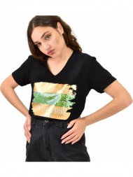 γυναικείο t-shirt με τύπωμα και στρας μαύρο 15372