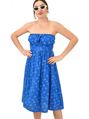 γυναικείο φόρεμα φλοράλ στράπλες μπλε 15397