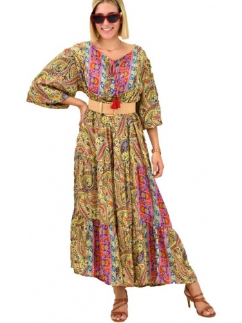 γυναικείο μεταξωτό φόρεμα boho maxi κίτρινο 16646