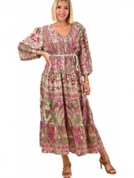 γυναικείο φόρεμα boho με ζώνη λαχανί 16909