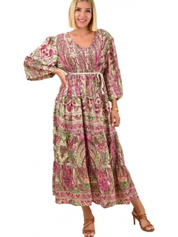 γυναικείο φόρεμα boho με ζώνη λαχανί 16909