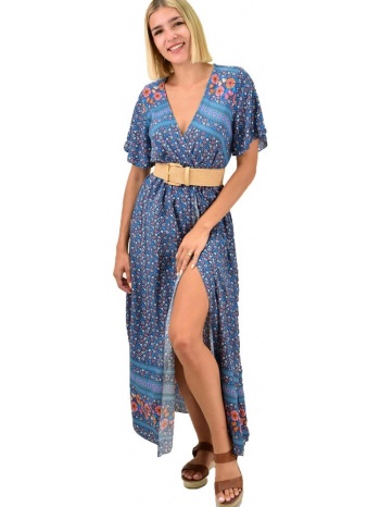 γυναικείο φόρεμα κρουαζέ με άνοιγμα μπλε 16915