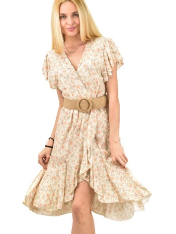 γυναικείο φλοράλ φόρεμα κρουαζέ μπεζ 11268