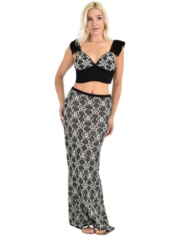 σετ πλεκτό crop top & maxi φούστα με δαντελένιο μοτίβο