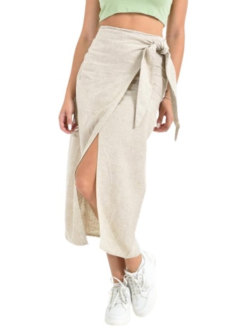 λινή φούστα-παρειό με κόμπο & σκίσιμο μπεζ 26632