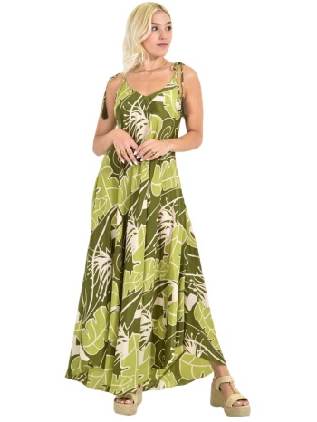μάξι φόρεμα τιράντα με τροπικό σχέδιο λαδί 26659