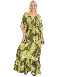μάξι φόρεμα καφτάν με τροπικό μοτίβο λαδί 26662