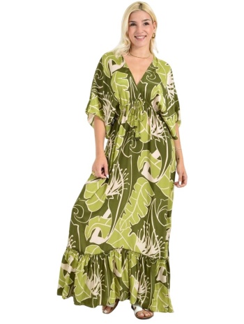 μάξι φόρεμα καφτάν με τροπικό μοτίβο λαδί 26662