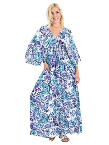 boho μάξι φόρεμα με ζωνάκι & πολύχρωμο μοτίβο μπλε 26695