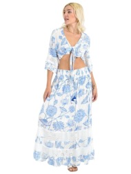 boho σετ crop top & φούστα με τρυπητές λεπτομέρειες μπλε 26623