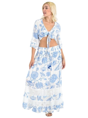 boho σετ crop top & φούστα με τρυπητές λεπτομέρειες μπλε