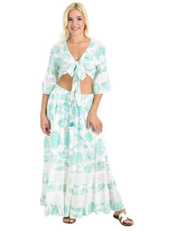 boho σετ crop top & φούστα με τρυπητές λεπτομέρειες βεραμάν