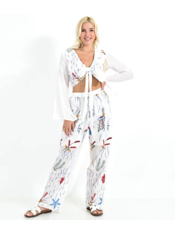 σετ παντελόνα & crop top με θαλάσσιο κεντητό μοτίβο κόκκινο