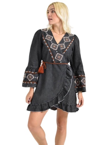 denim κρουαζέ φόρεμα με κεντήματα & βολάν μαύρο 26646