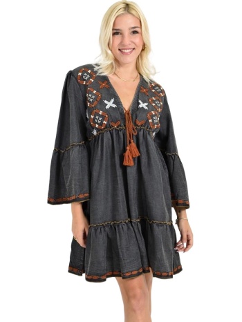 μαύρο mini φόρεμα folk style με κεντήματα & καμπάνα μανίκια