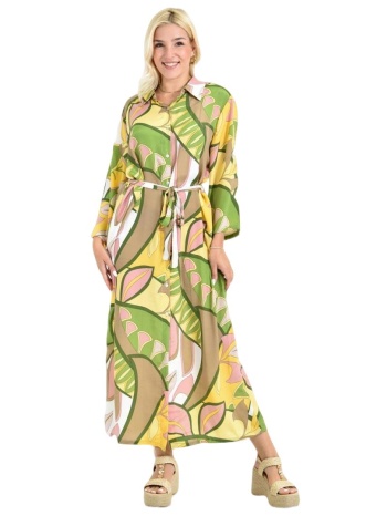 μακρύ πουκαμισοφόρεμα με ζωηρό tropical print & ζωνάκι