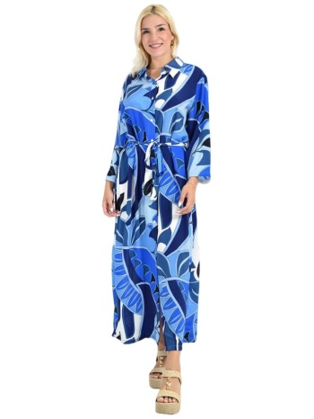 μακρύ πουκαμισοφόρεμα με ζωηρό tropical print & ζωνάκι μπλε