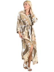 μακρύ πουκαμισοφόρεμα με ζωηρό tropical print & ζωνάκι μπεζ 26651
