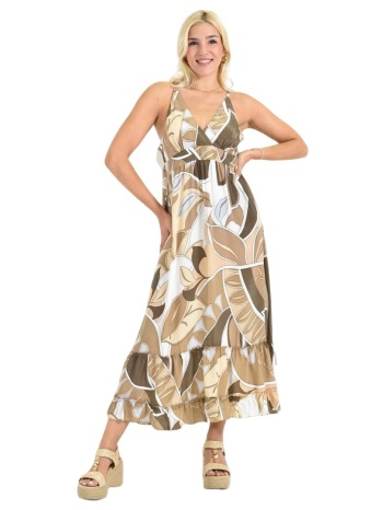 μακρύ αμάνικο φόρεμα με μοτίβο μπεζ 26654