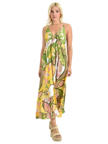 μακρύ αμάνικο φόρεμα με μοτίβο κίτρινο 26652