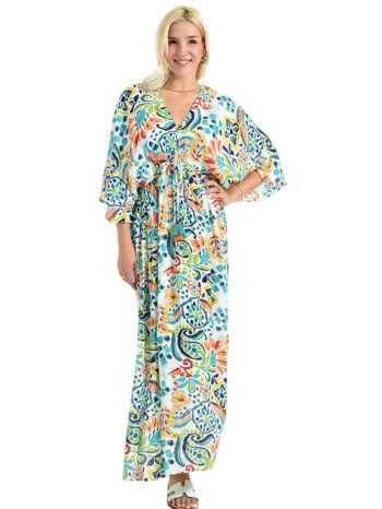 boho μάξι φόρεμα με ζωνάκι & πολύχρωμο μοτίβο βεραμάν 26696